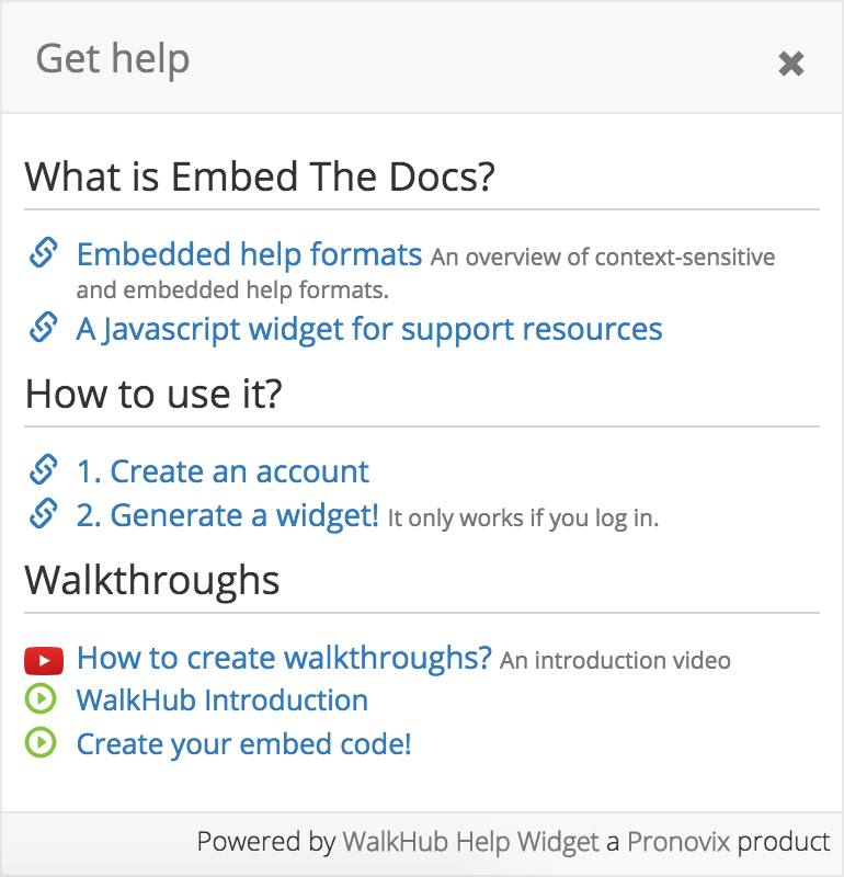 Example widget with groups, links and walkthroughs