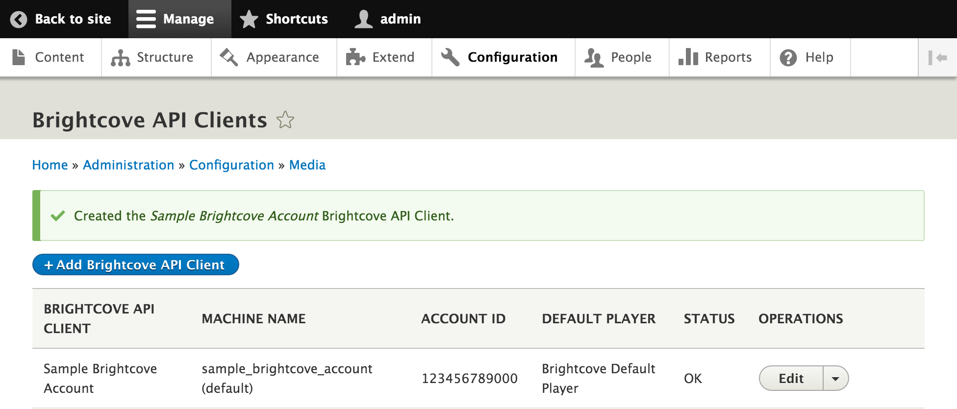 Brightcove API Clients successfully added new client