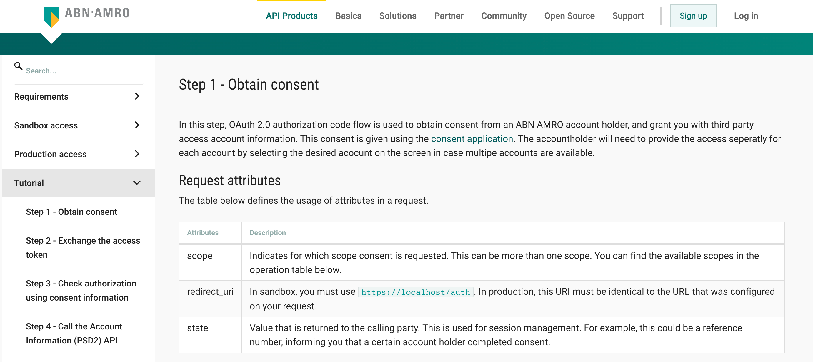 One of the API product's detailed documentation page. It includes tutorial, and information on sandbox and production access, and requirements. 