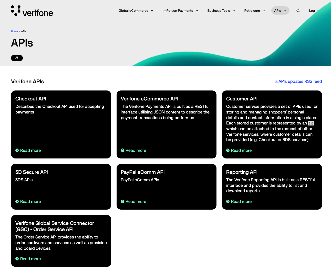 The API listing page on Verifone's developer portal. 