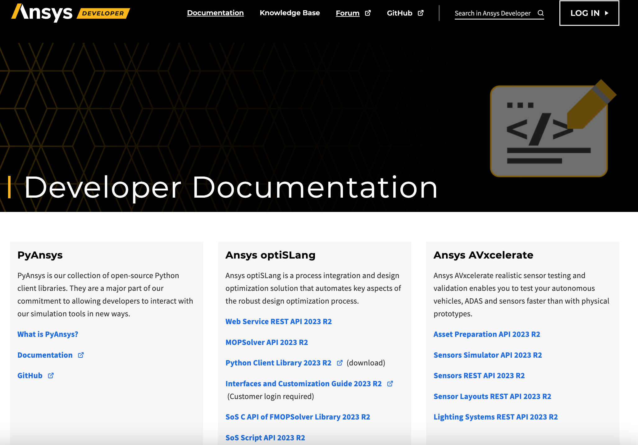 Screenshot of Ansys' Developer Documentation landing page