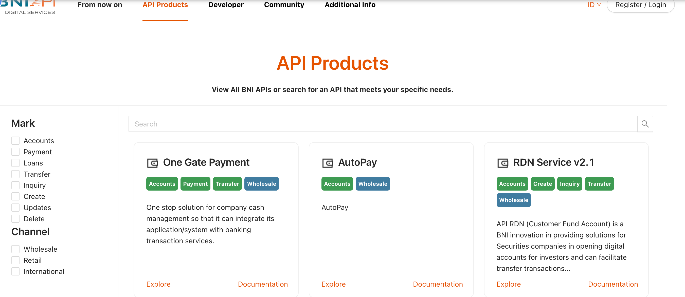 The list of BNI's API products in English. 