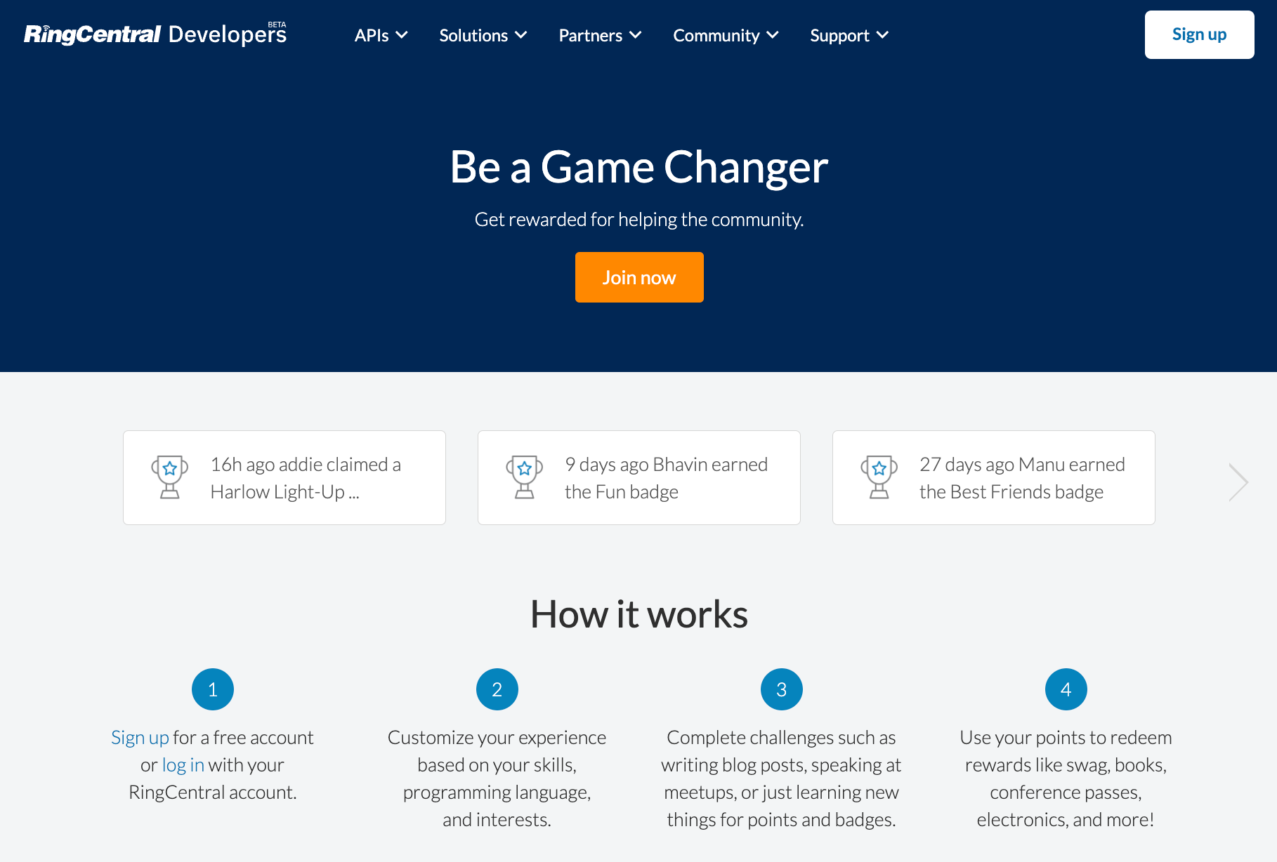 Be a Game Changer landing page on RingCentral's devportal.
