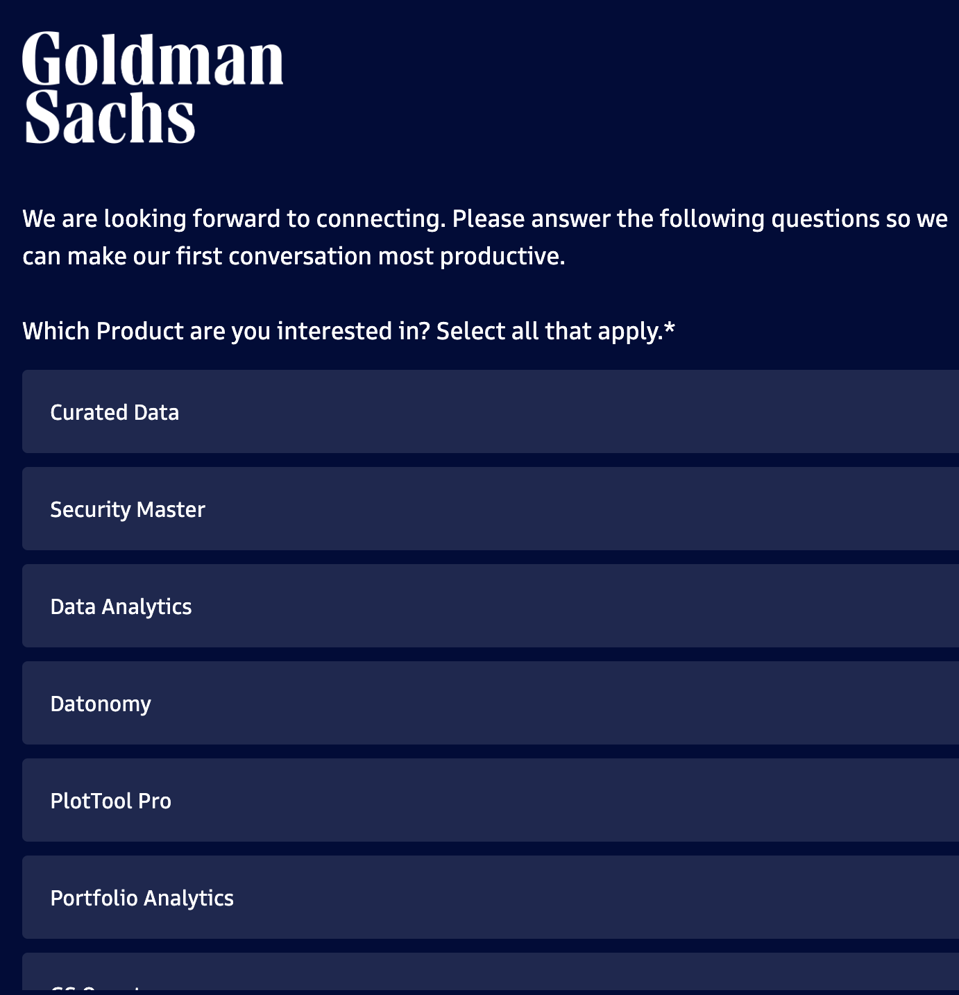 Screenshot from Goldman Sachs developer portal of user intent collection for the 2026 Pronovix Developer Portal UX Maturity Report