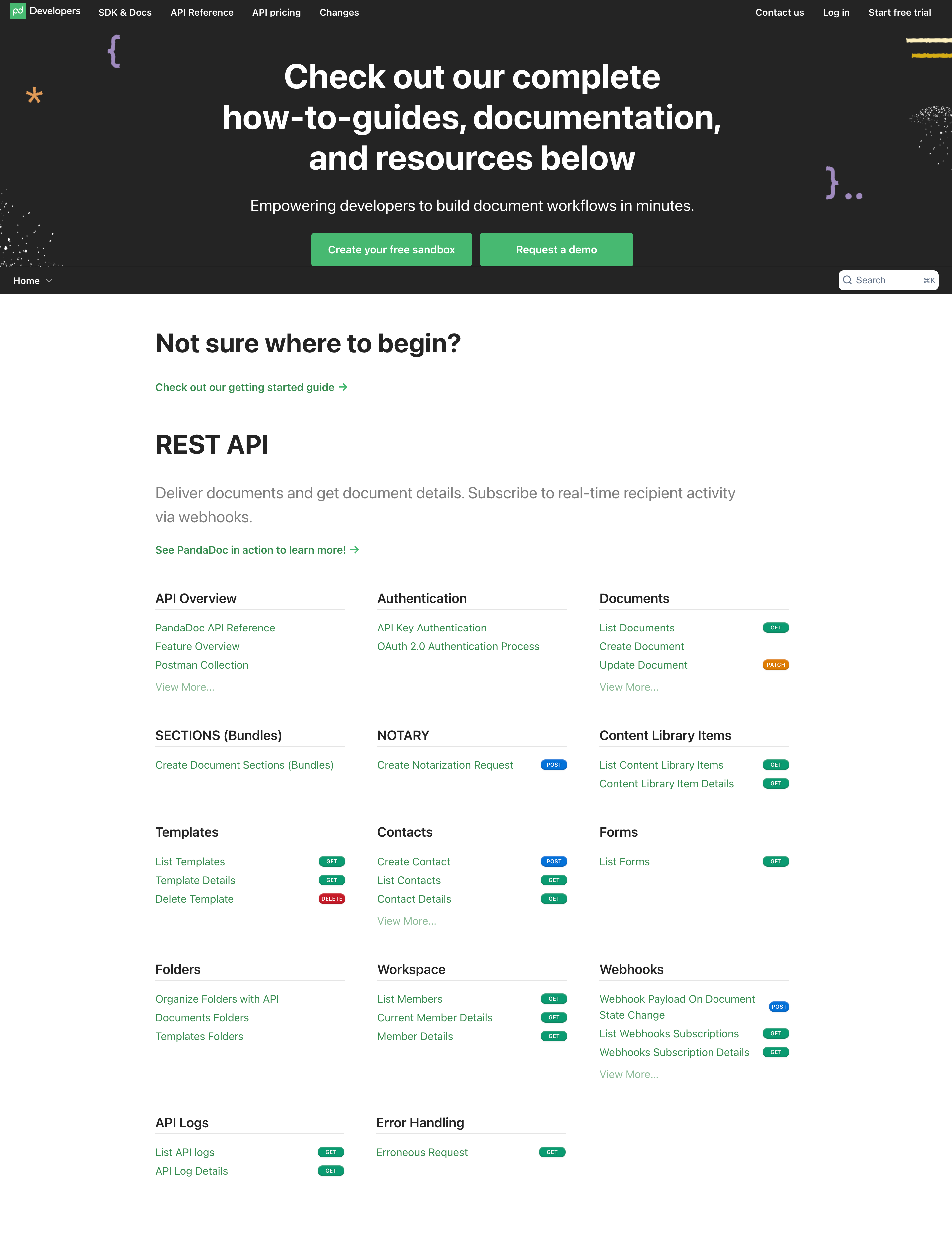 PandaDoc's homepage. The text says 'Not sure where to begin?' and then, they list the REST APIs.