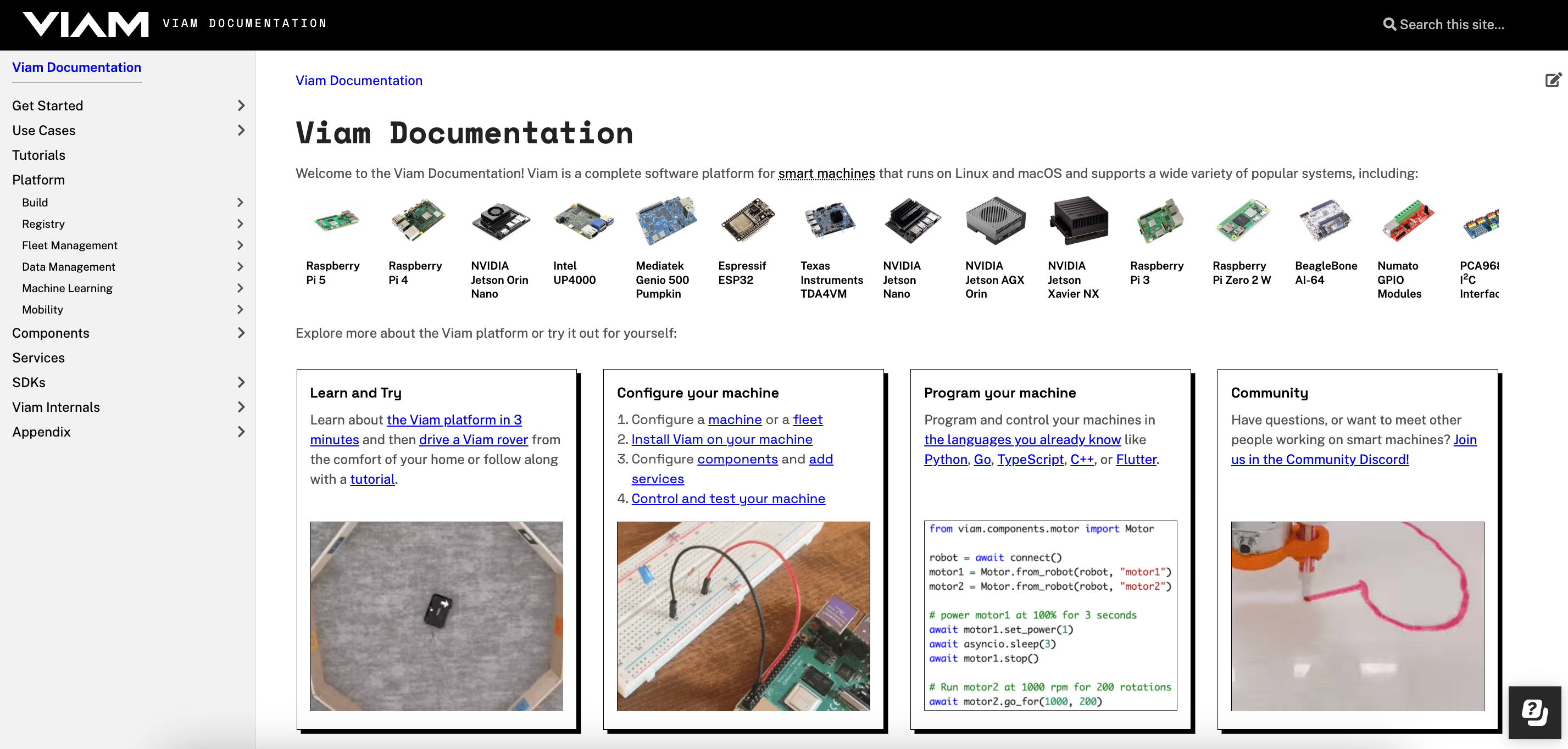 Viam Documentation Developer Portal's homepage
