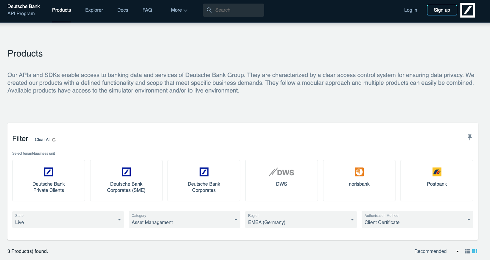 Screenshot from filters on the Deutsche Bank Developer Portal for the 2026 Pronovix Developer Portal UX Maturity Report