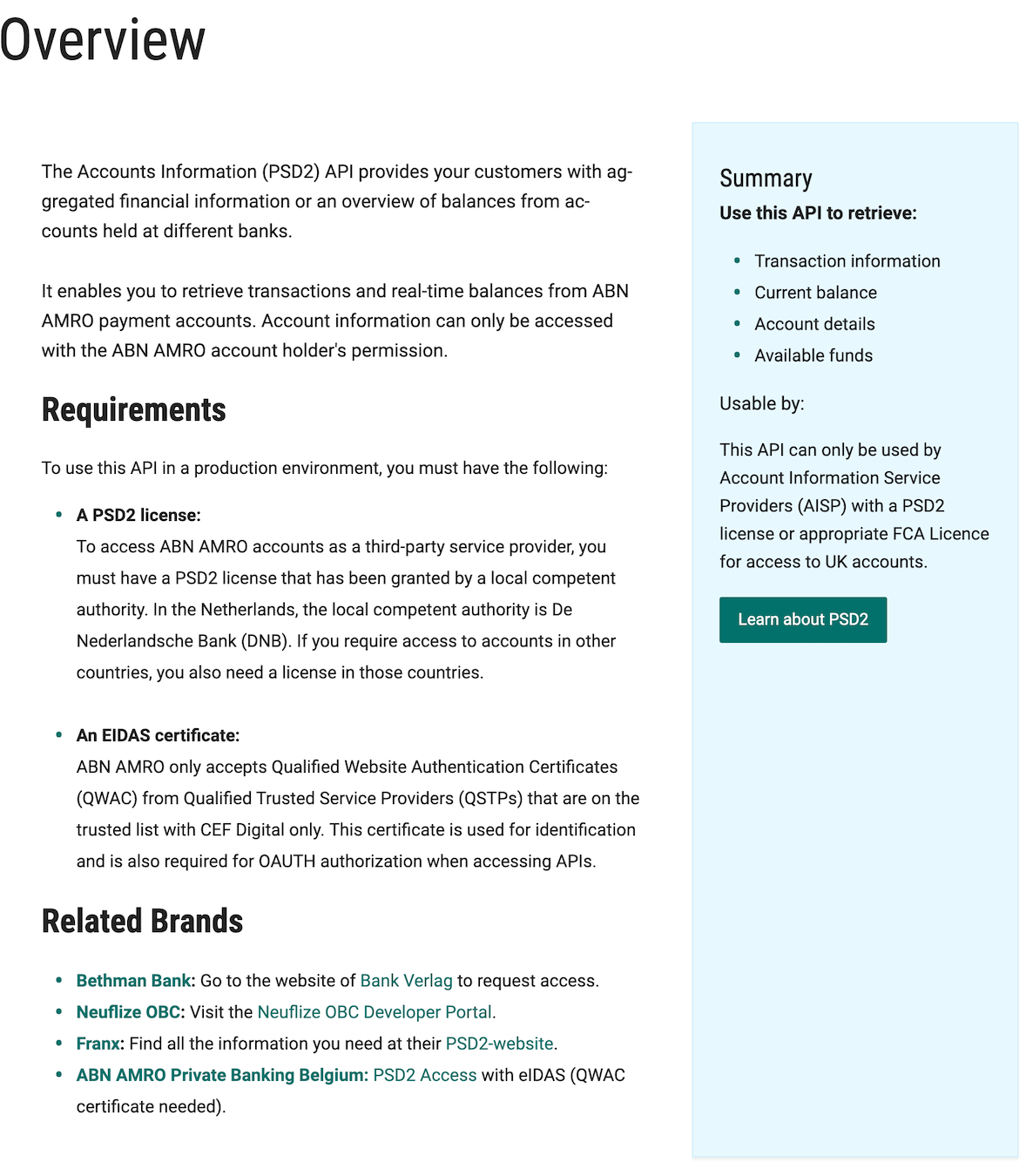 Overview page of one of ABN AMRO’s API summary pages. Users can find here the requirements, a short summary, and related brands. 