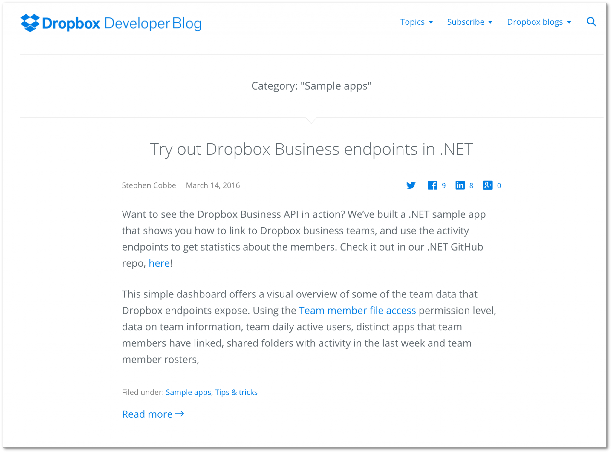 Example of a sample app article (Dropbox developer blog)