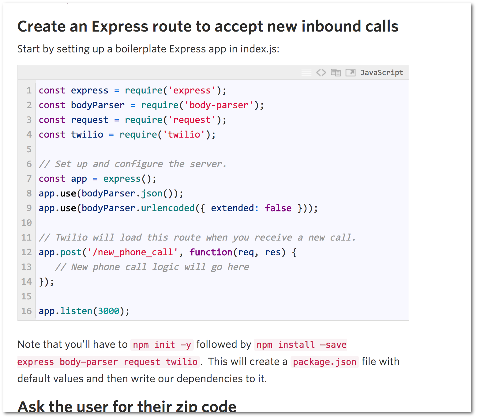 Example of an article with code snippets (Twilio blog)
