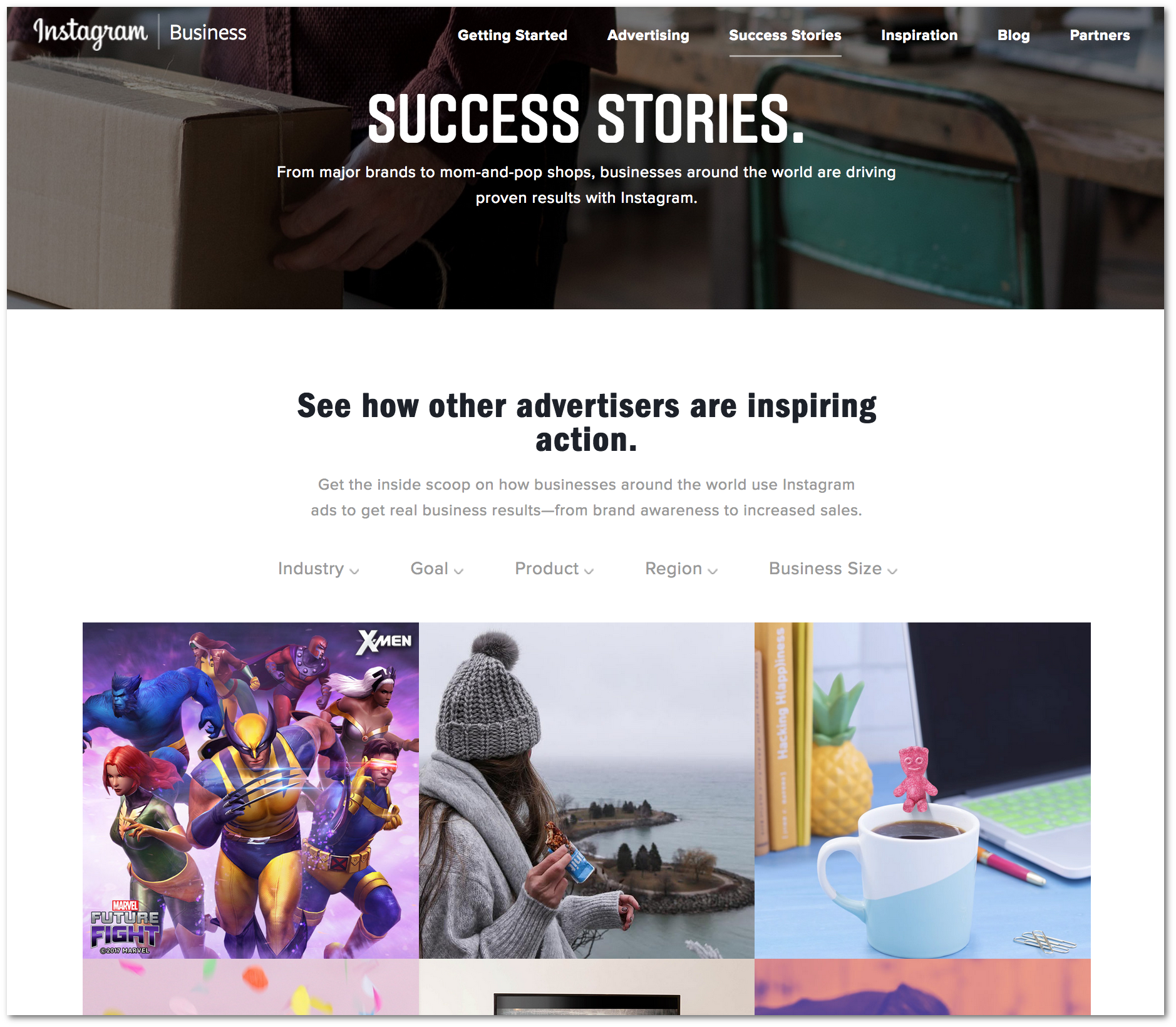 Instagram’s Success stories list case studies of customer companies. The subpages have a story - quotes - goals - solution outline.