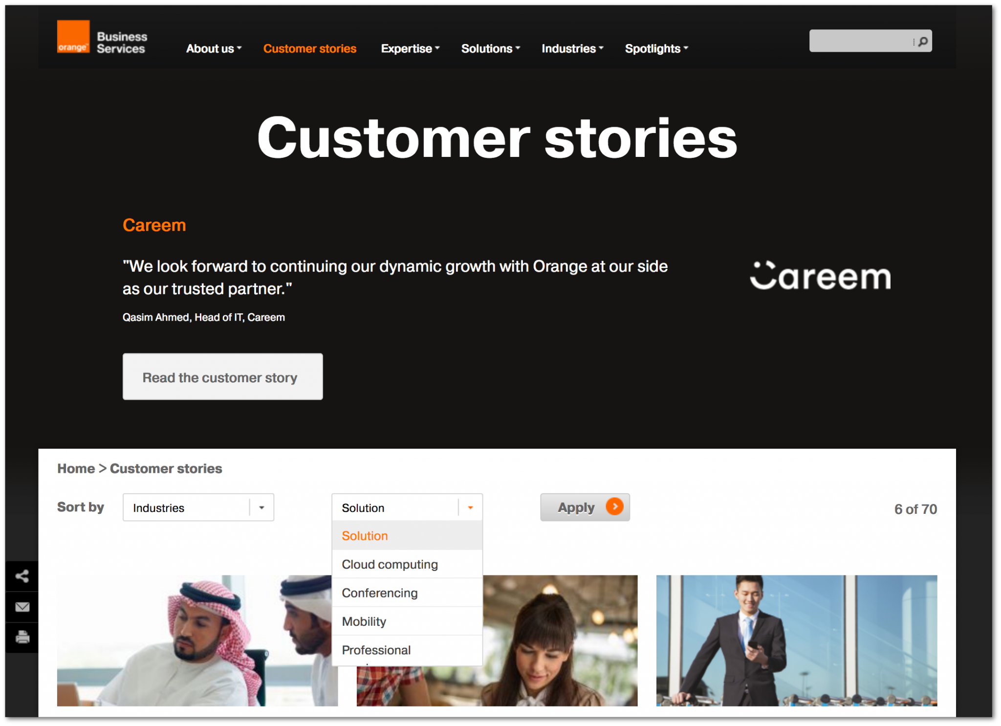 Filtering options: Industries, solutions link to case studies of customer companies (Orange)
