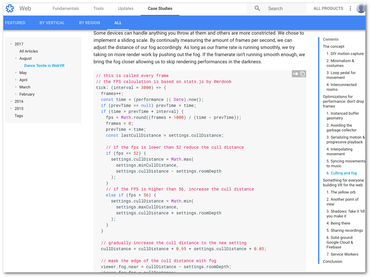Code snippets and links to GitHub in a case study on the Google developer portal.