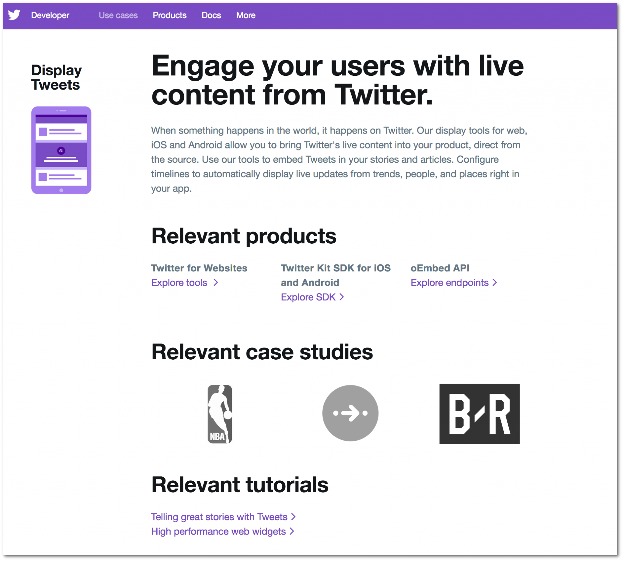 Twitter use cases on the developer portal focus on solutions first and then list benefits, products, (customer oriented) case studies, tutorials and links to more detailed developer documentation sections.