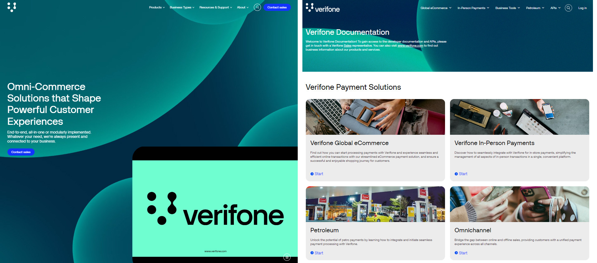A screenshot of Verifone's primary website and developer portal next to each other