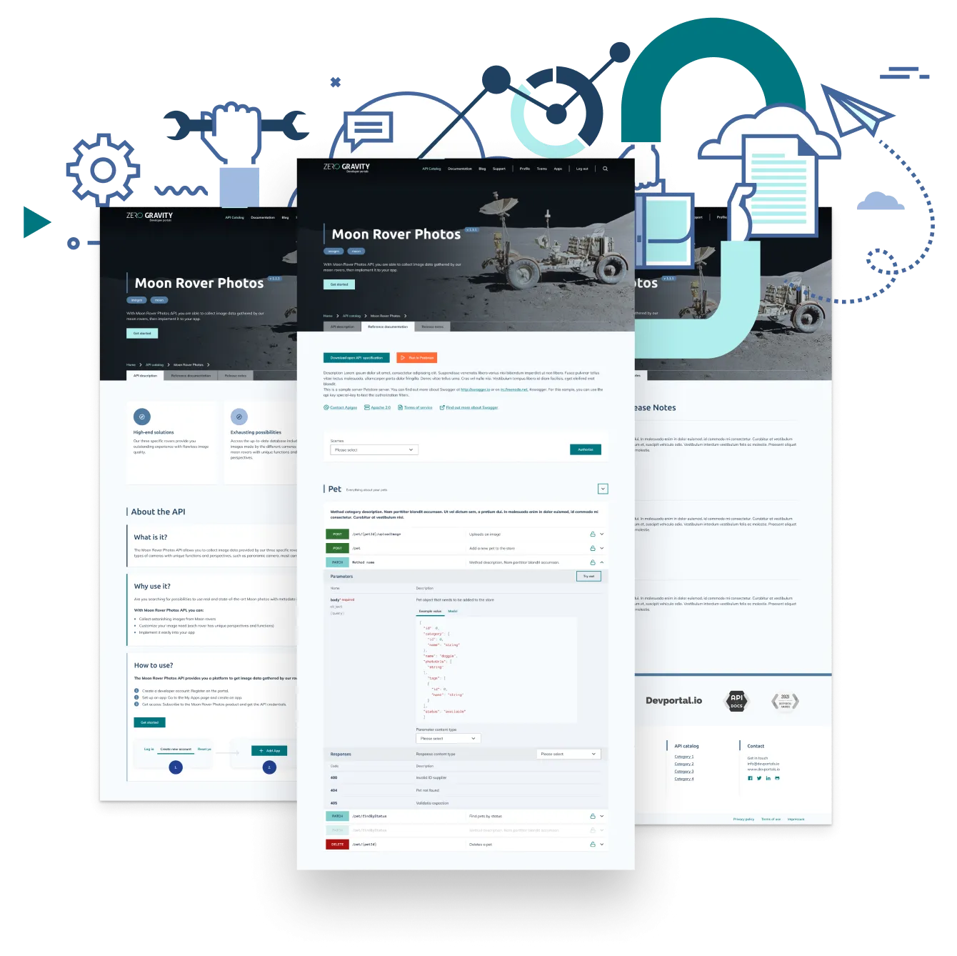 three landing page design screens