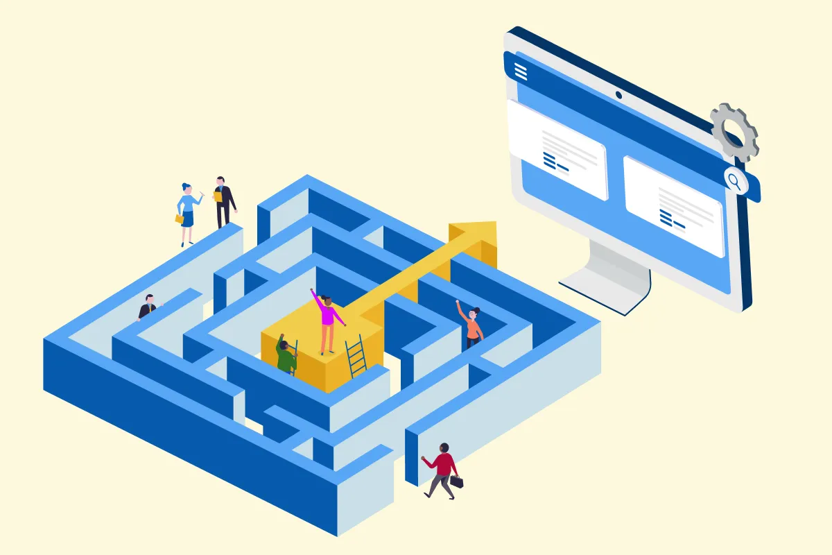 A few people try to find a way out of a maze that leads to the right landing pages. 
