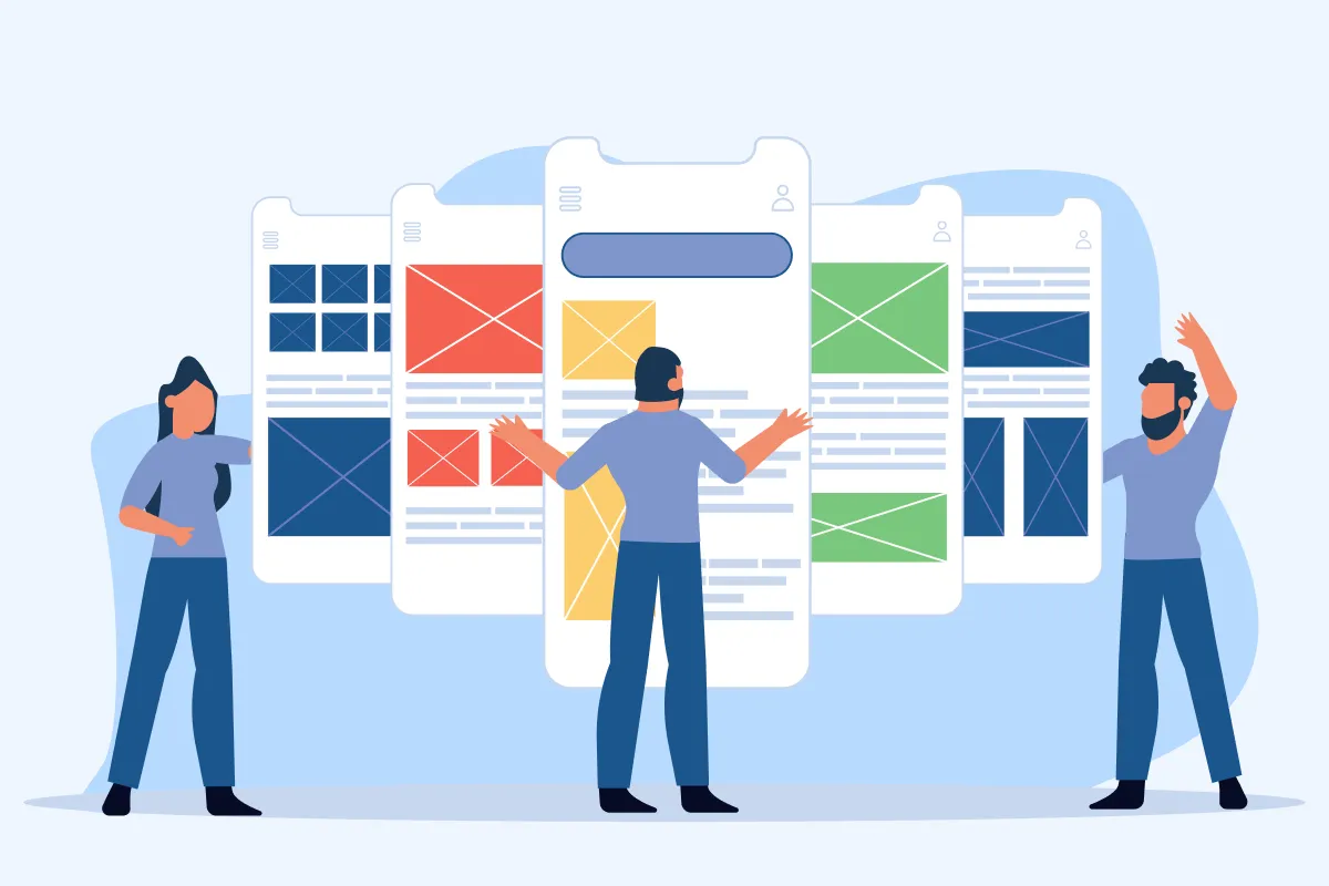 Three person looking at different layouts to decide which one is the best.