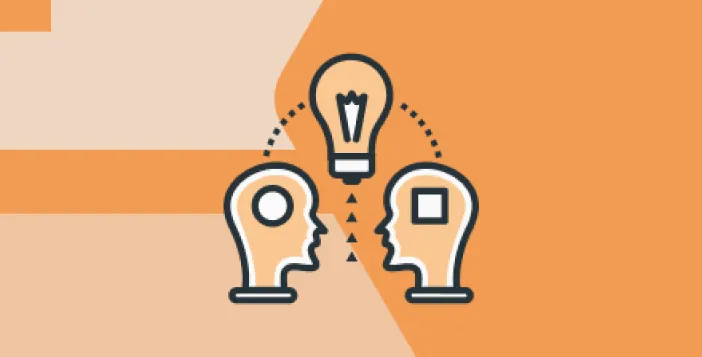 two head icons and a bulb icon in between them in an orange background