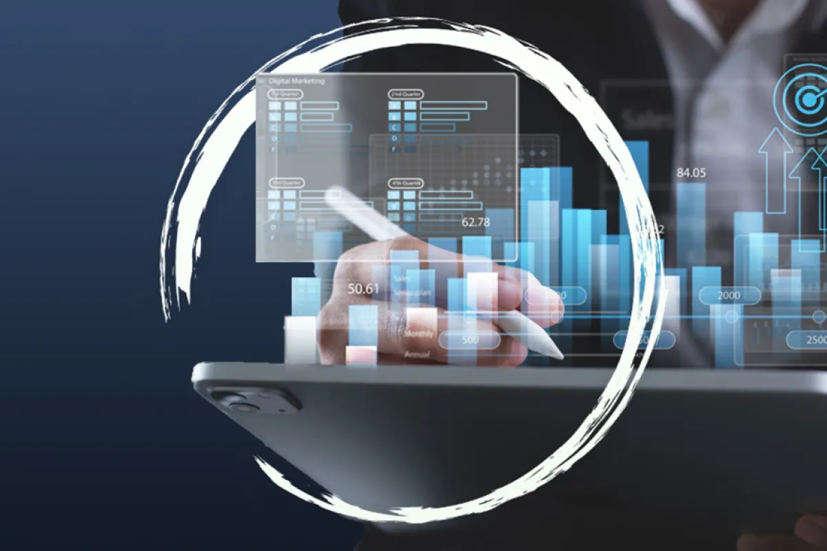 A person holding a tablet and analysing the data. The Pronovix circle also visible. 