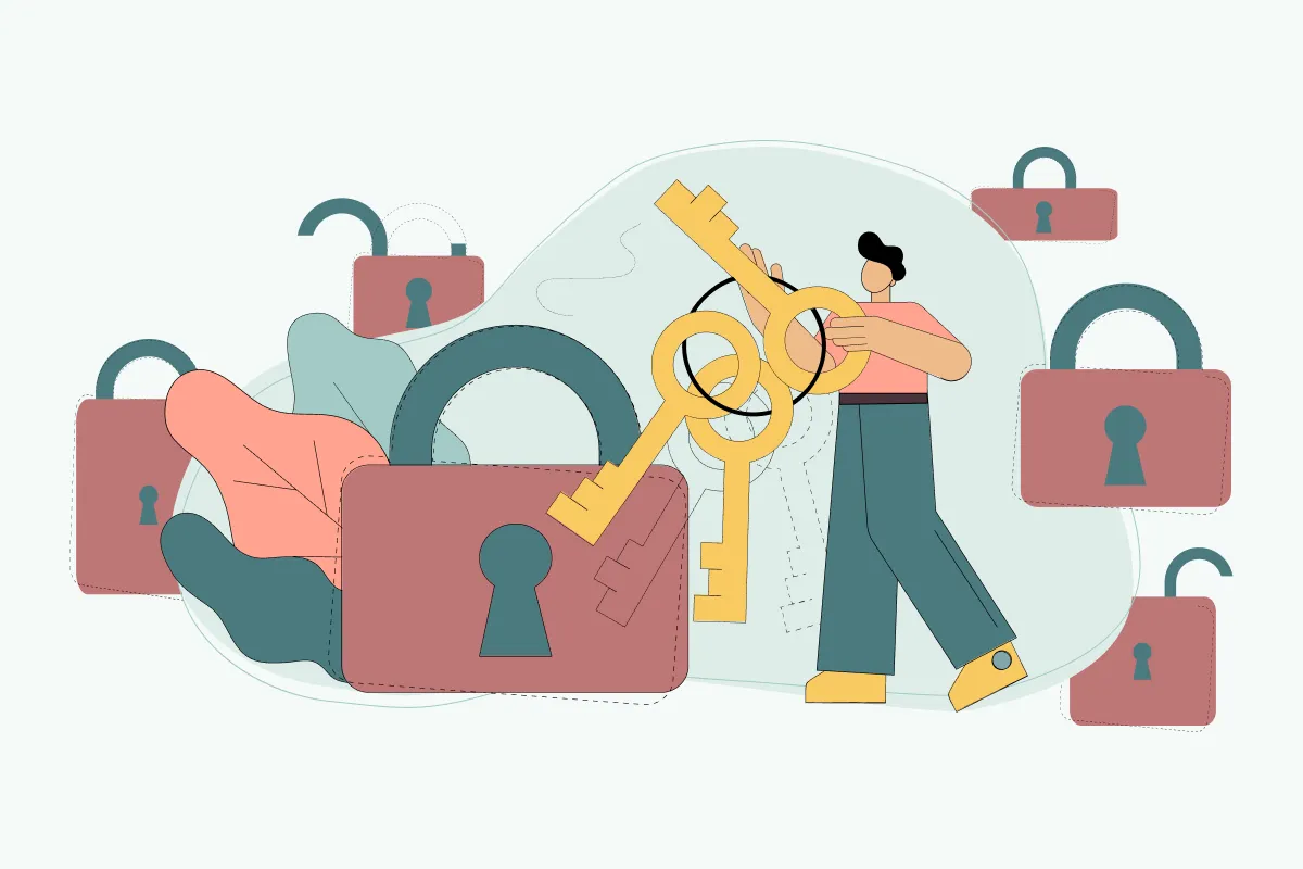 A person holds a keychain with three keys. Around them, there are many different locks. 