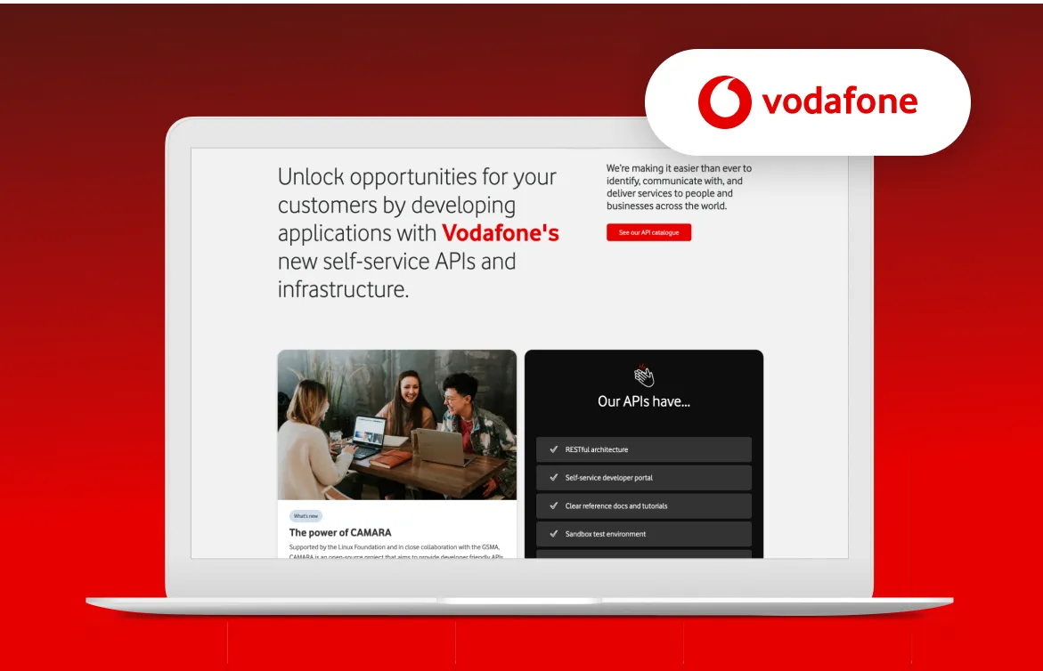 Vodafone’s logo and a notebook screen with Vodafone’s developer portal, in a red background.