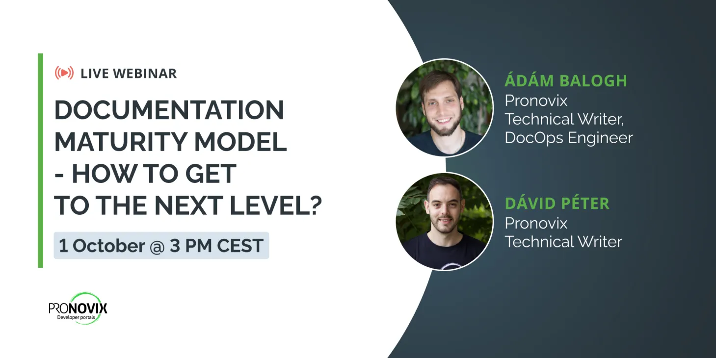 Webinar title, date, Pronovix logo and the headshots of the speakers in a dark background