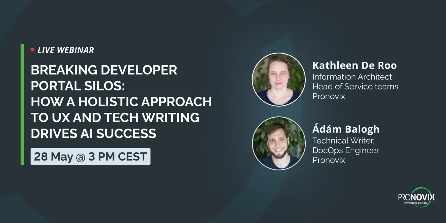 Webinar title, date, Pronovix logo and the headshots of the speakers in a dark background