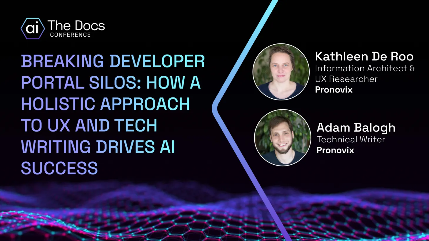 Webinar title, date, Pronovix speakers, AI The Docs and the headshots of the speakers in a dark background