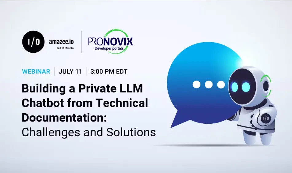 Webinar title, date, Pronovix and Amazee io logos in a light background with a chatting robot illustration