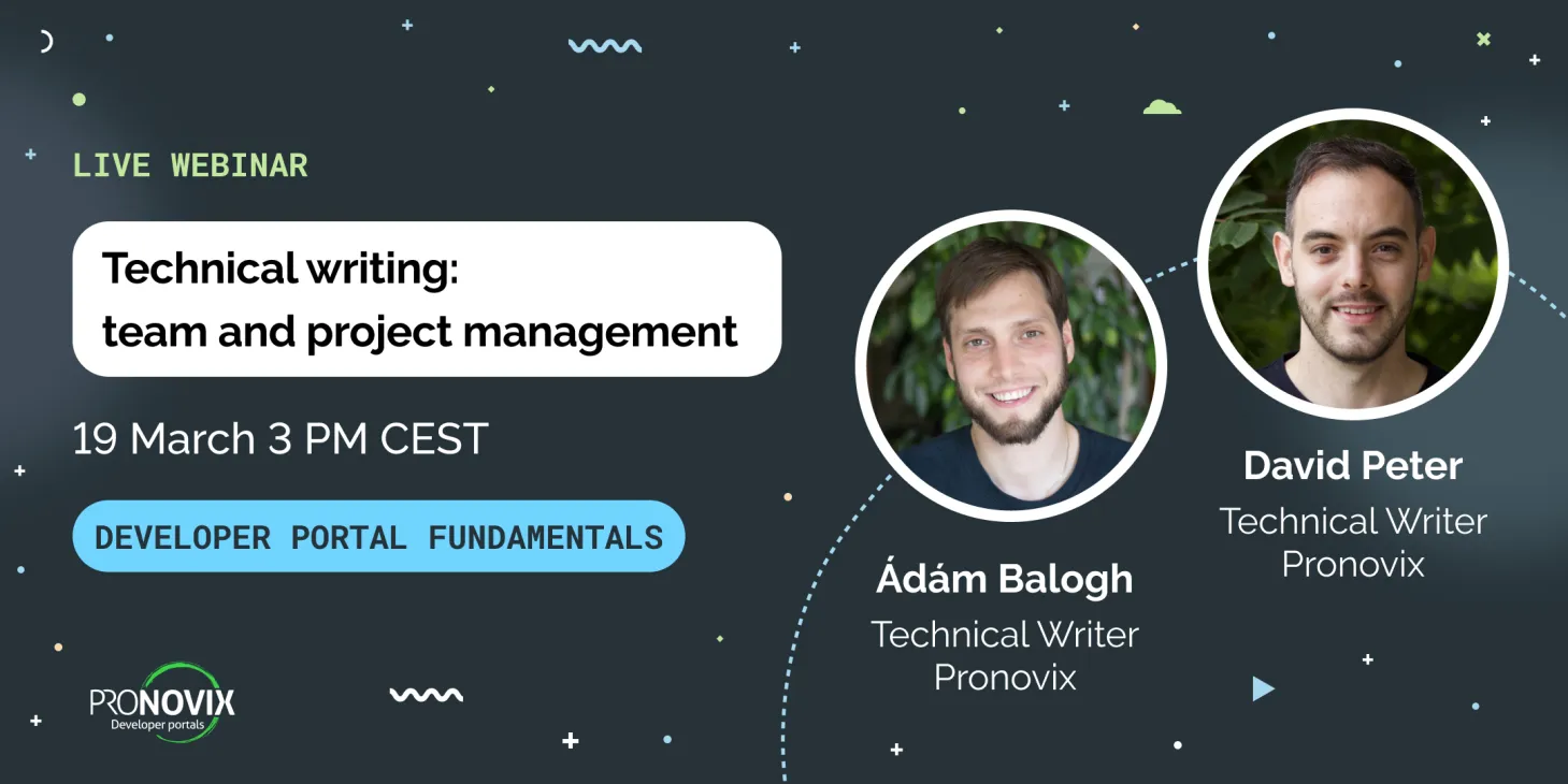 Webinar title, date, Pronovix logo and the headshots of the speakers in a dark background