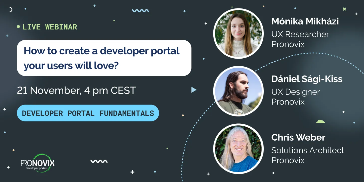 Webinar title, date, Pronovix logo and the headshots of the speakers in a dark background