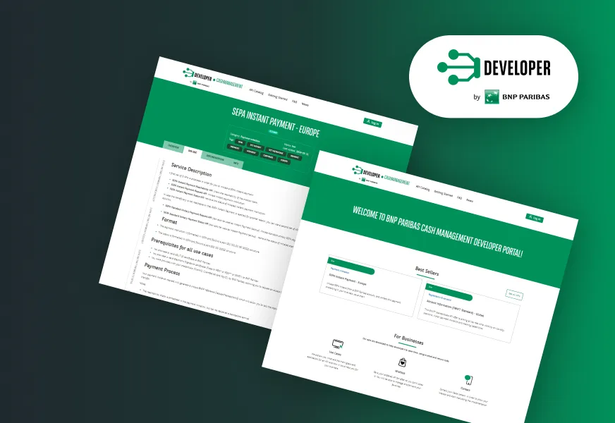 Two screenshots of BNPP ITG's pages and their logo on a green background.
