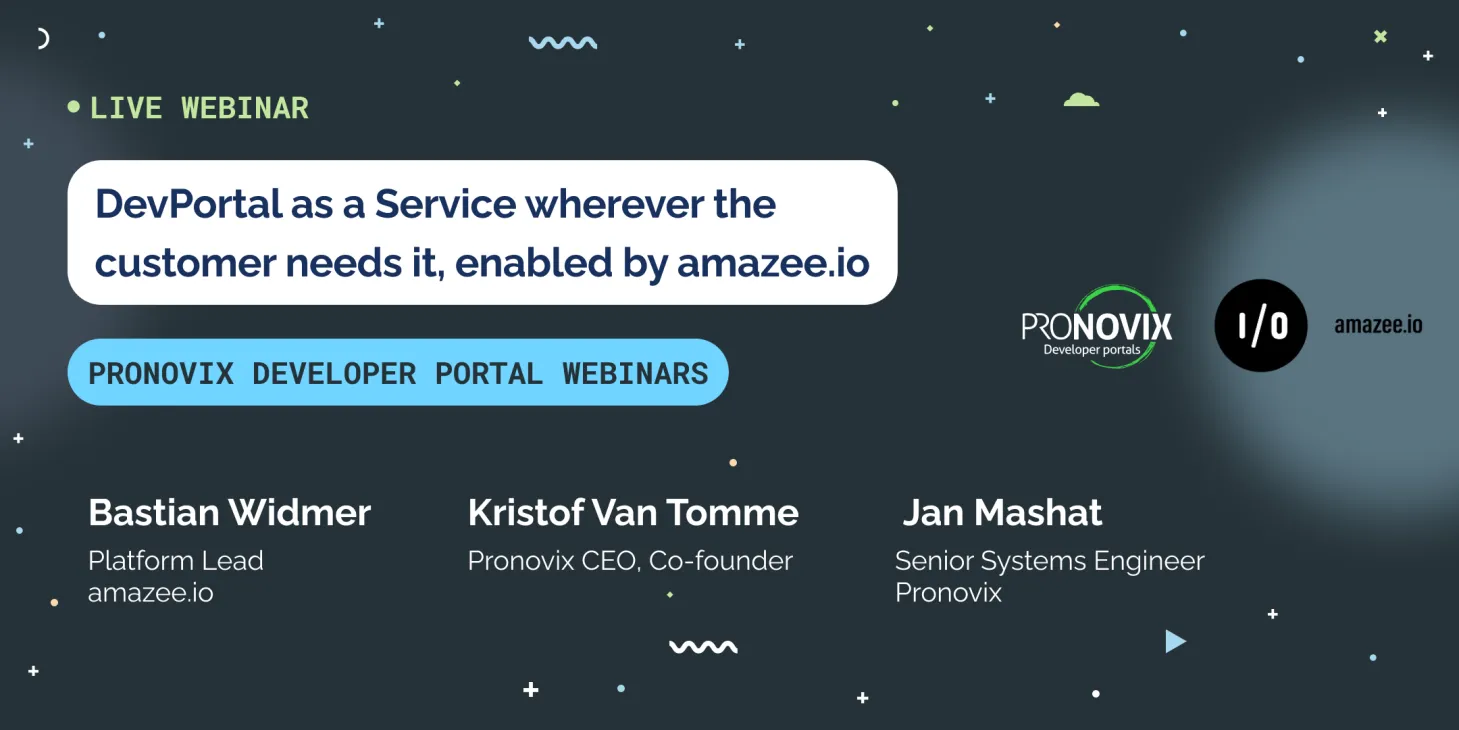 Webinar title, date, Pronovix logo and the headshots of the speakers in a dark background