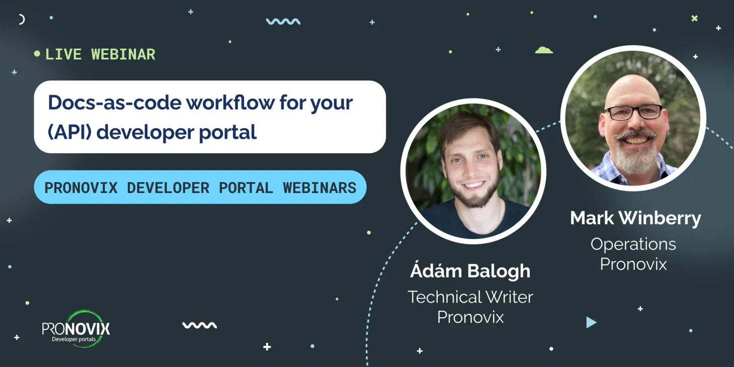 Webinar title, date, Pronovix logo and the headshots of the speakers in a dark background