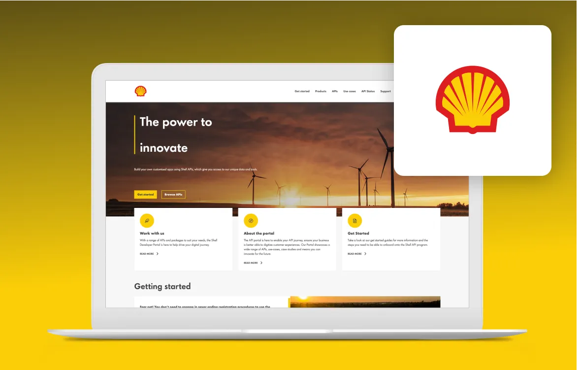 Shell logo and a notebook screen with Shell's developer portal, all in a yellow background