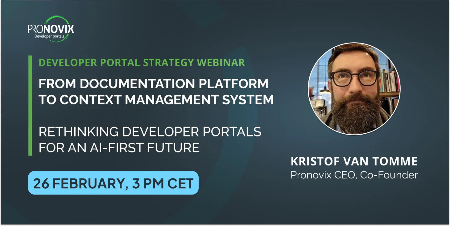 Webinar title, Pronovix logo and headshot of speaker Kristof Van Tomme, CEO of Pronovix in a dark background.