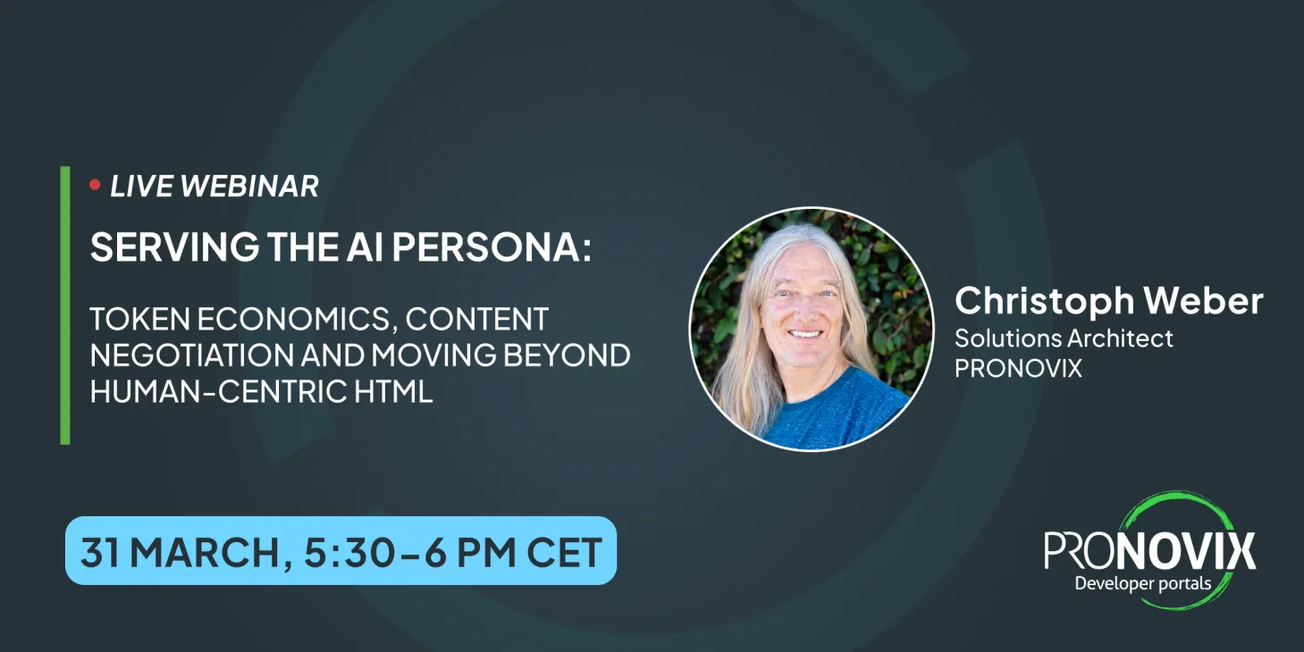 Webinar title, Pronovix logo and headshot of speaker Christoph Weber in a dark background.