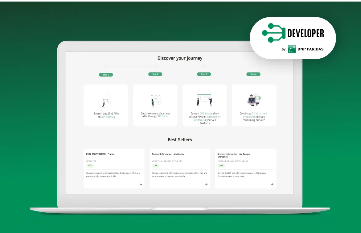 BNP Paribas developer portal home page header on a laptop screen