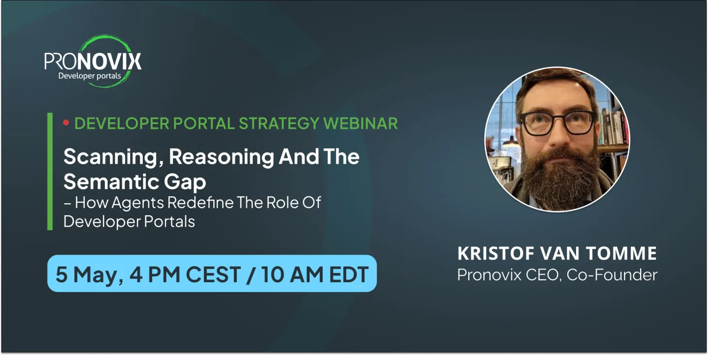 Webinar title, Pronovix logo and headshot of speaker Kristof Van Tomme, CEO of Pronovix in a dark background.