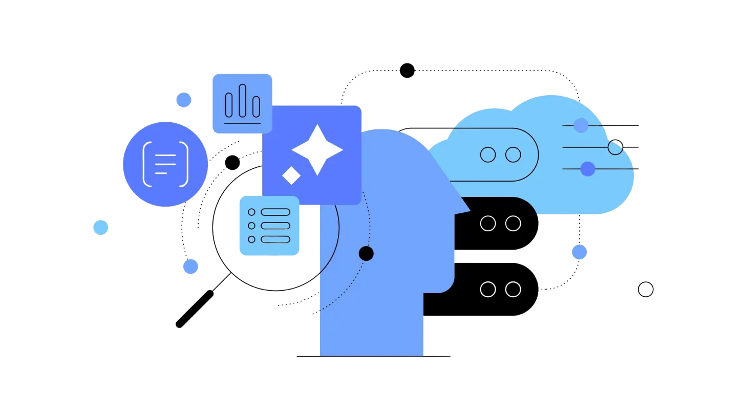 A human head in the middle surrounded by icons symbolizing a magnifyer glass, cloud, aritificial intelligence, documents and charts