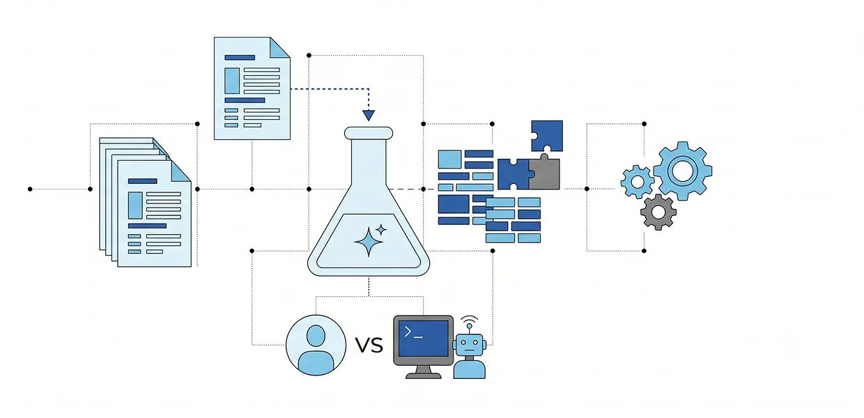 lab bottle icon in the middle connected with icons of documents, AI, computer, gears