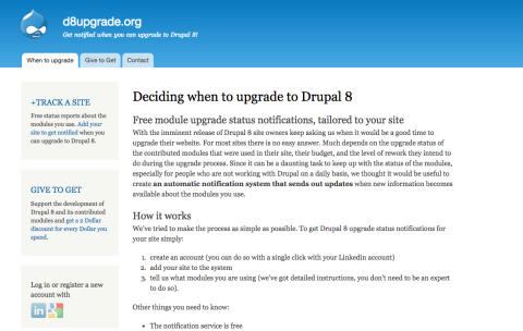D8upgrade.org a community service that tells you when to upgrade your site to Drupal 8