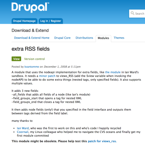 Presenting "extra RSS fields" a module that outputs CCK fields in RSS feeds