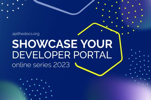 The logo for the Showcase Your Developer Portal event on a dark blue background