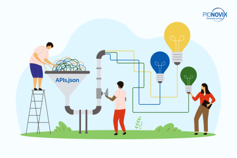 A person puts a tangled collection of lines into a machine. 'APIs.json' is written on the machine, and the other end, structured lines come out with lightbulbs. 