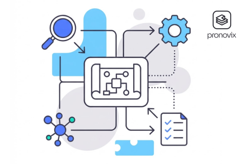 Illustration of a blueprint for organized AI capabilities with icons of a magnifying glass, a gear, network nodes, checklist