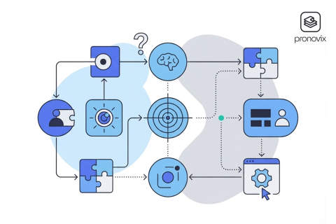 AI deliberates over a capability question against a complex web of connected users, products and digital systems, with overlapping shadow-like networks suggesting the information surrounding a company.