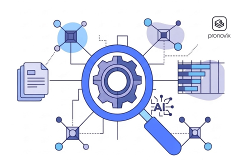 blue a magnifying glass in the middle surrounded by docs, bar chart, and AI icons in a light backfround