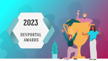 Figures celebrating their success. On the left, the DevPortal Awards logo is visible: 2023 DevPortal Awards